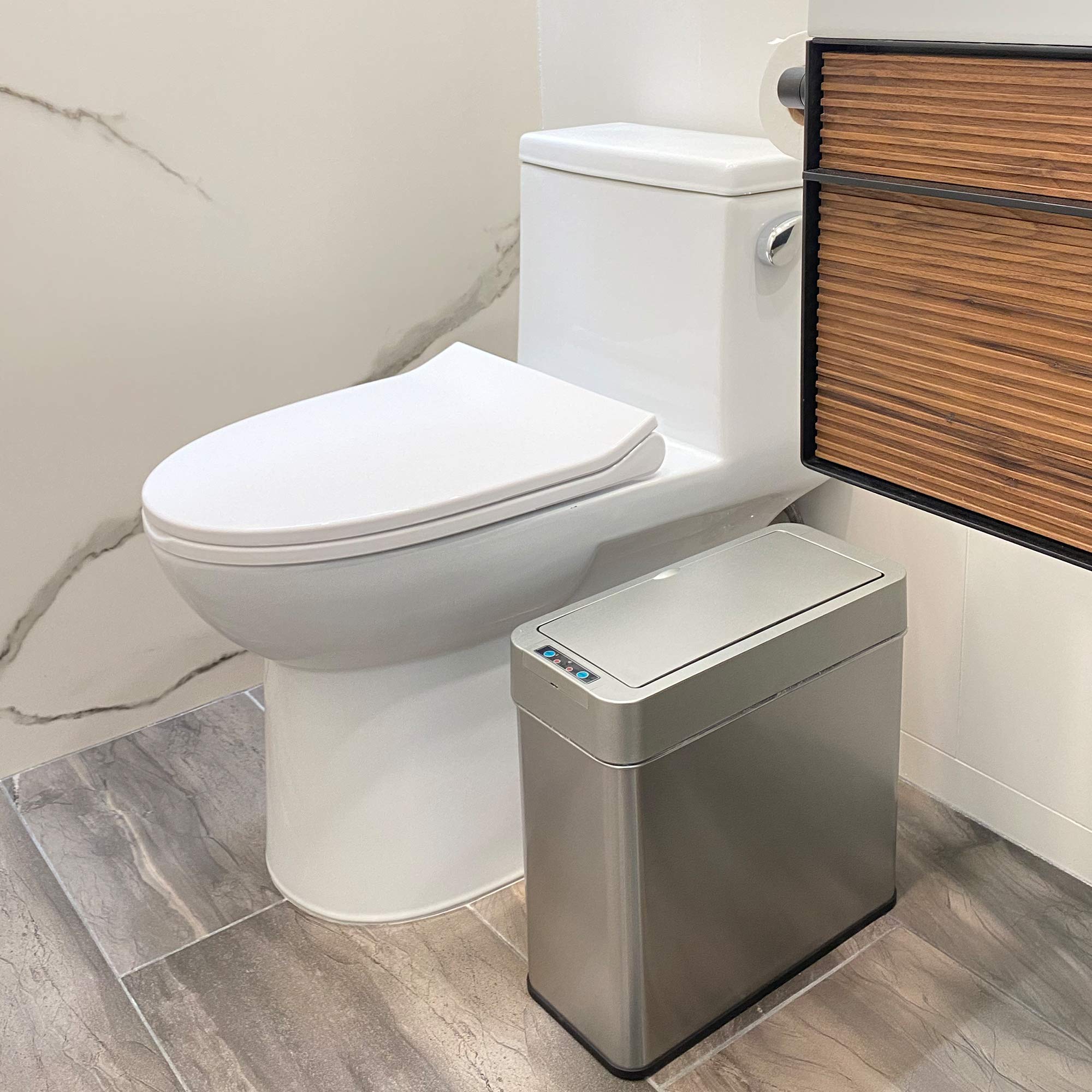 iTouchless 4 Gallon Slim Sensor Trash Can with AbsorbX Odor Control System  Lid Opens Right  15 Liter Stainless Steel Automatic Wastebasket  Space-Saving Bin for Bathroom  Kitchen  Office  Hotel